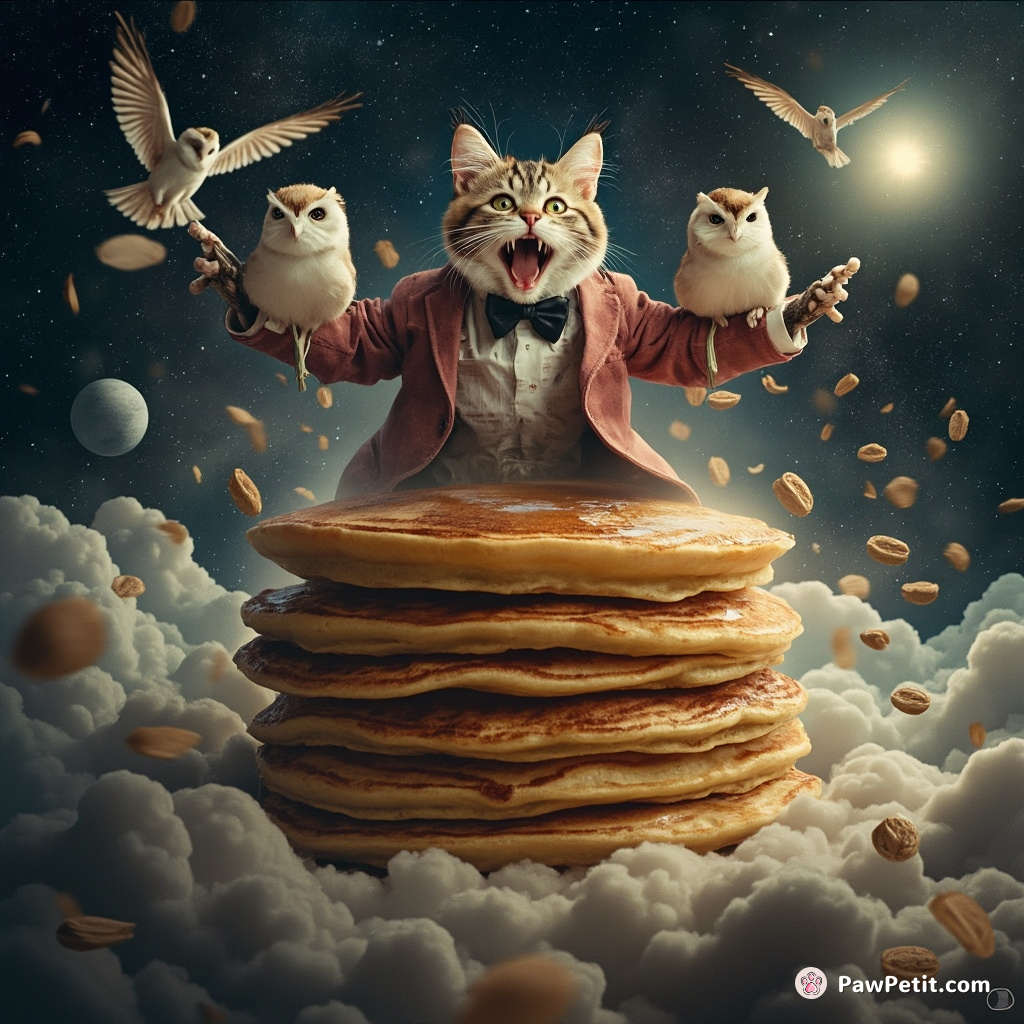 A cat wildly conducting a philharmonic orchestra of owls, atop a colossal stack of pancakes in outer space.