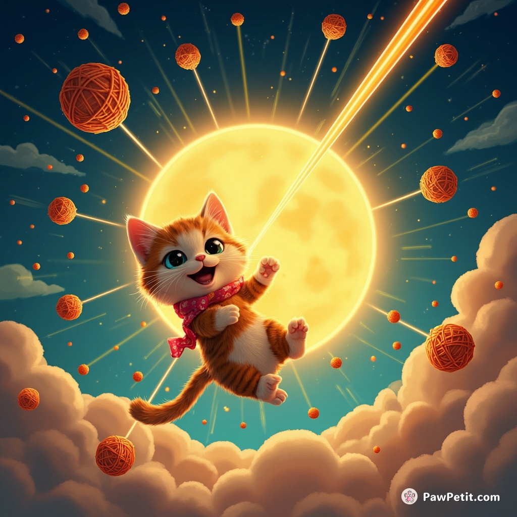 A cat embodying the sun, shooting laser beam yarn balls from paw-shaped constellations.