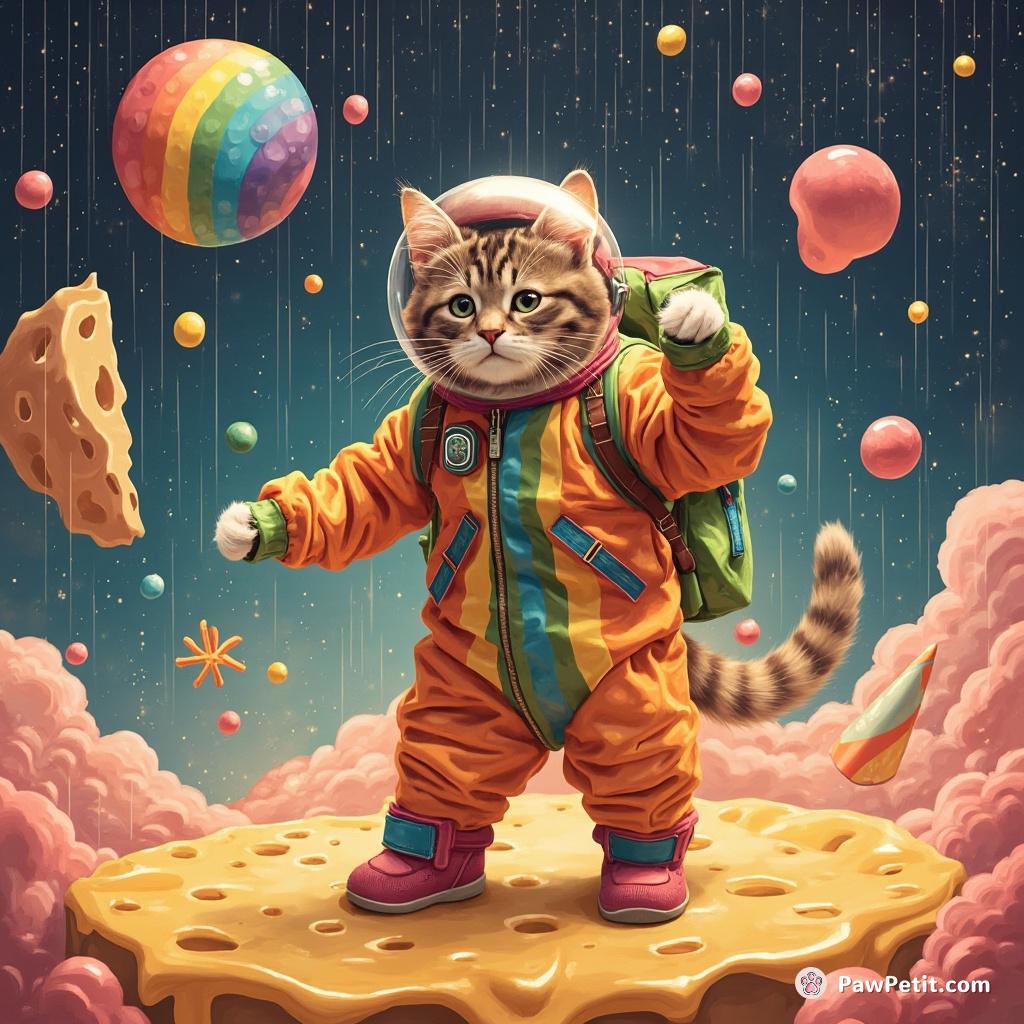 Cat dancing samba in rainbow astronaut costume on a floating cheese planet under bubblegum rain.