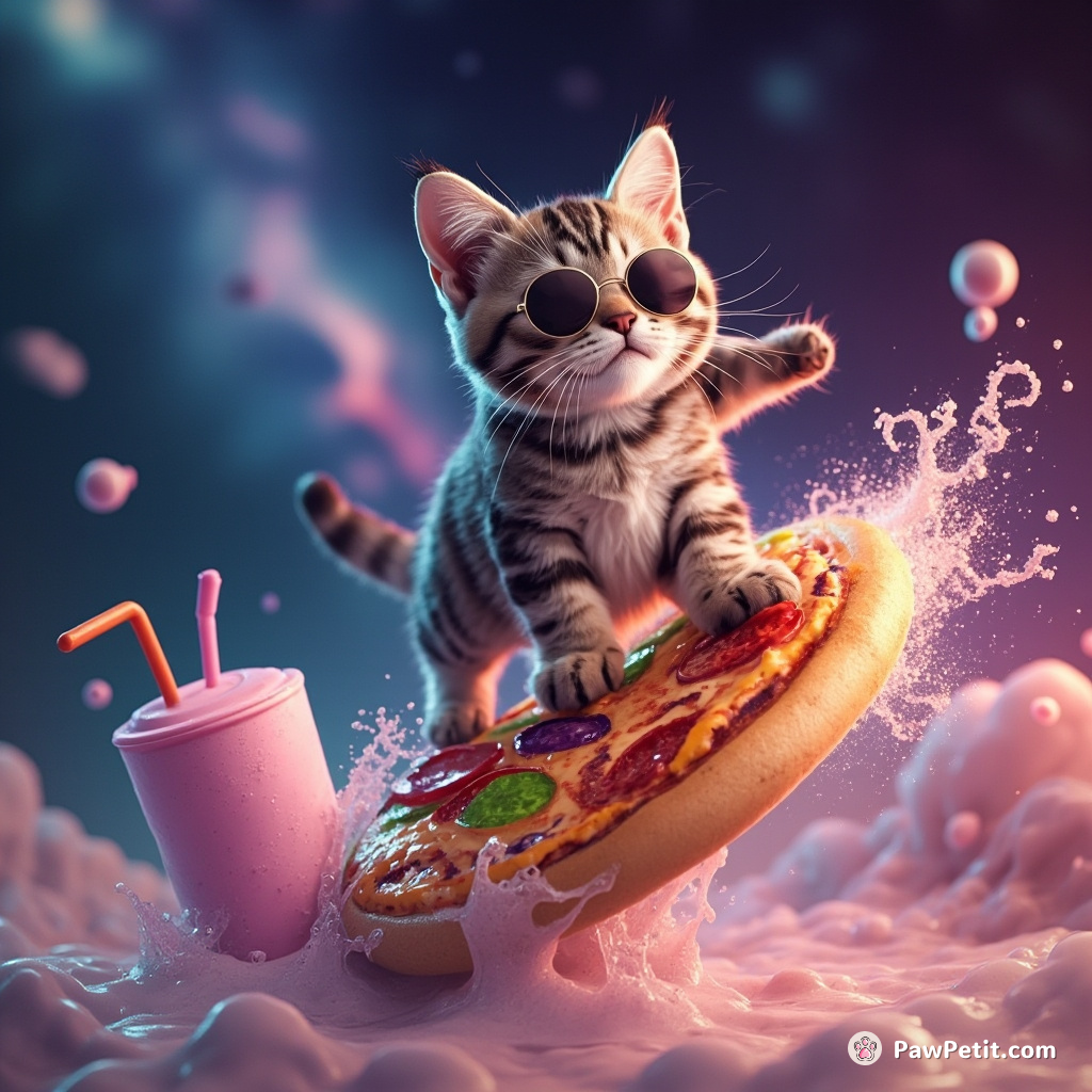 Cat surfing on a slice of rainbow-colored pizza floating in a galaxy milkshake.