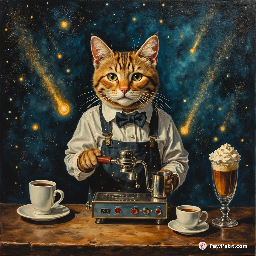 A cat barista at a cosmic espresso stand, brewing comets and serving beverages in constellations cups.