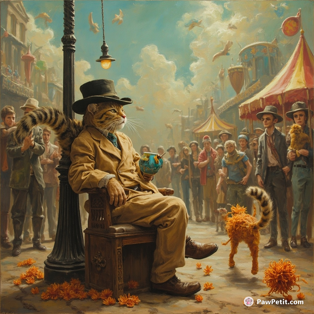 Carnival unfold, humans unruly; an aloof lounging against a solitary lamppost - tail swooping idly, chasing an ethereal orange yarn Daisy caregivers' baby.