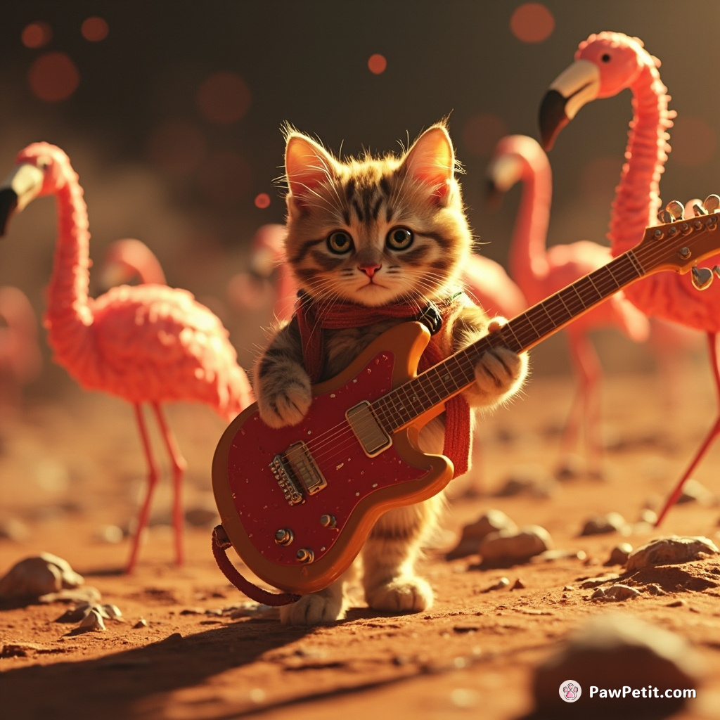 Cat leading a rock band of flamingos on Mars with guitars made of spaghetti.