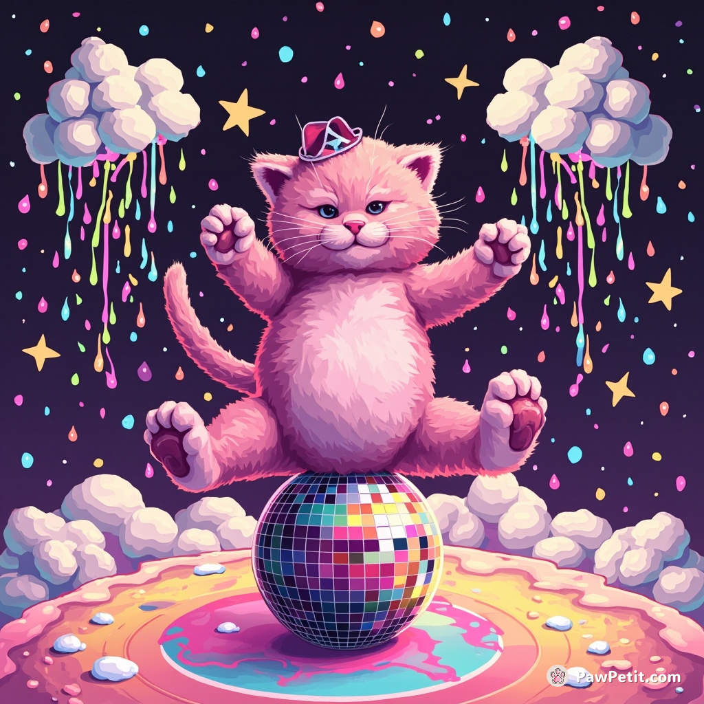 A pink cat breakdancing on a disco ball while raindrops of rainbow milk pour down from cloud-shaped speakers in funky space ambiance.
