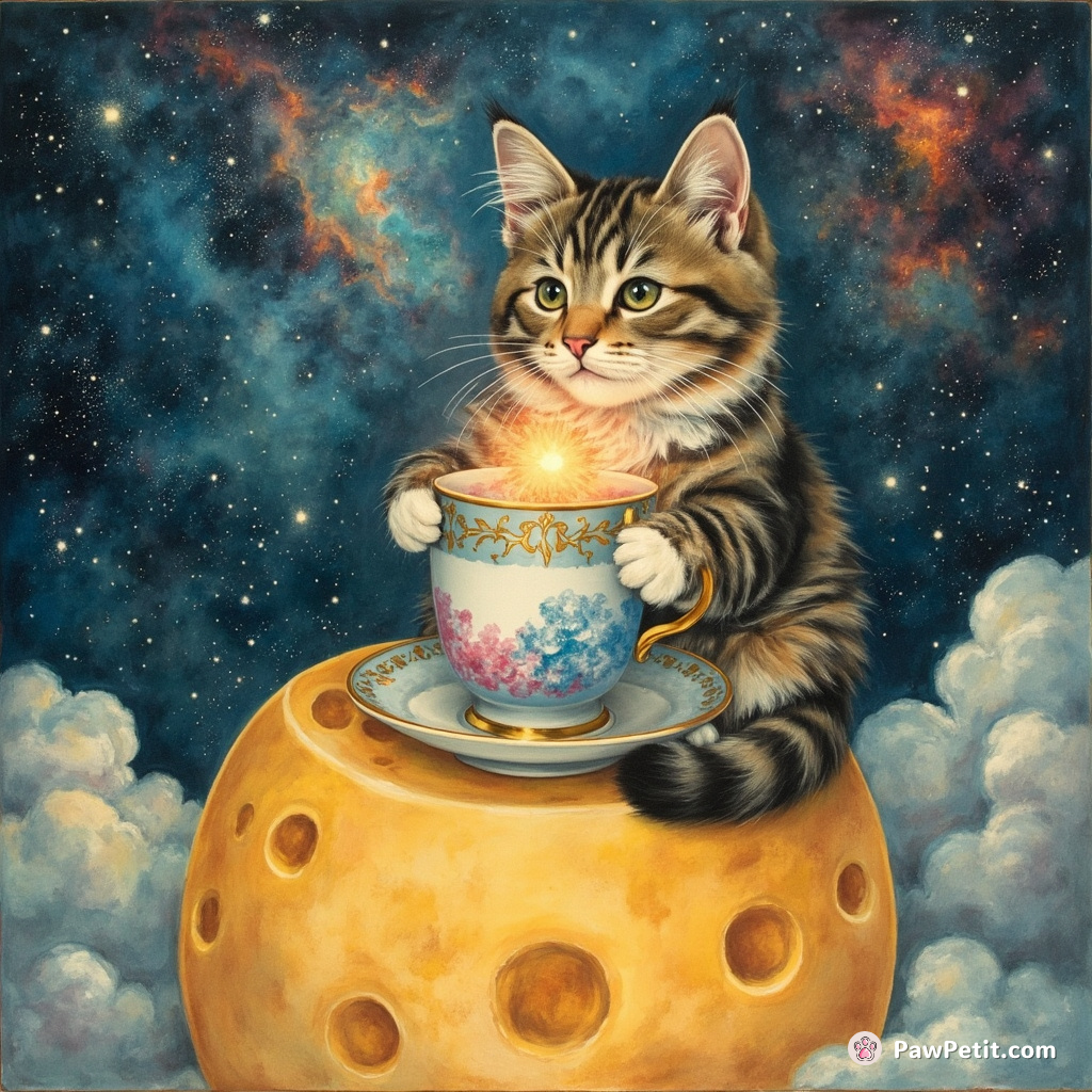 A Victorian-style cat sipping a glowing nebula from a celestial teacup on top of a giant Swiss cheese.