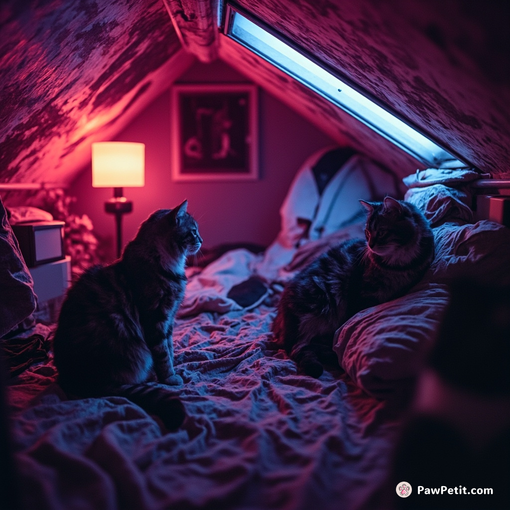 Feline council quietly convenes in the attic, strategizing global domination while humans sleep below.