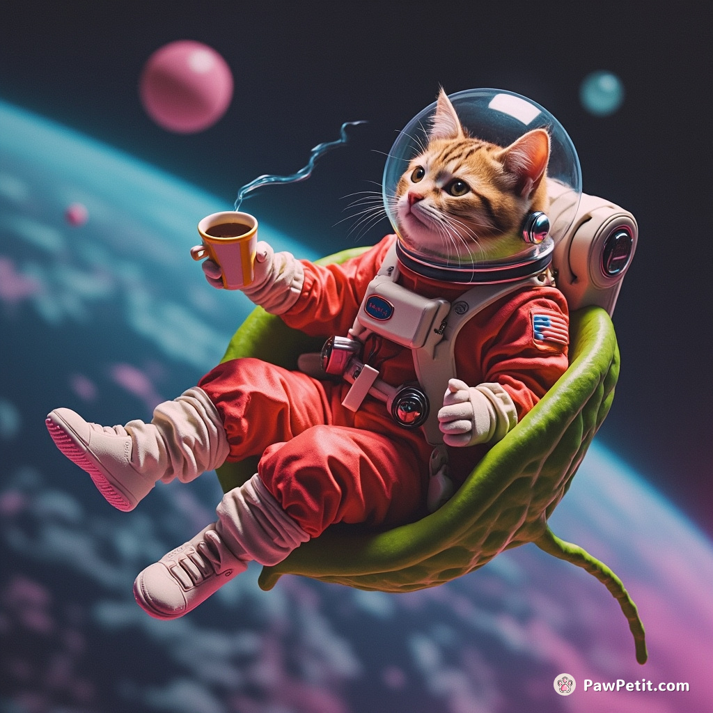 A feline astronaut floating in zero gravity, drinking a cup of warm tea from an alien leaf.