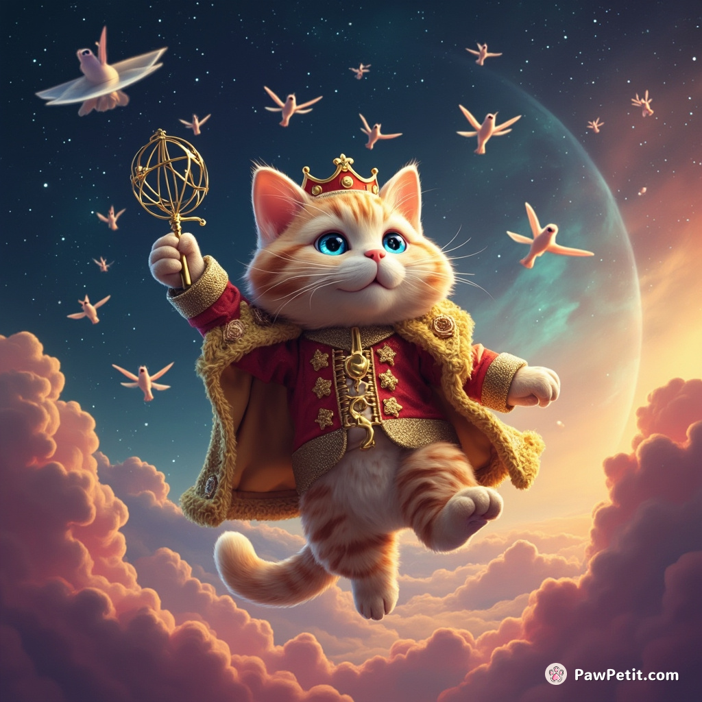 A king cat conducting a grand orchestra of hummingbirds in outer space.