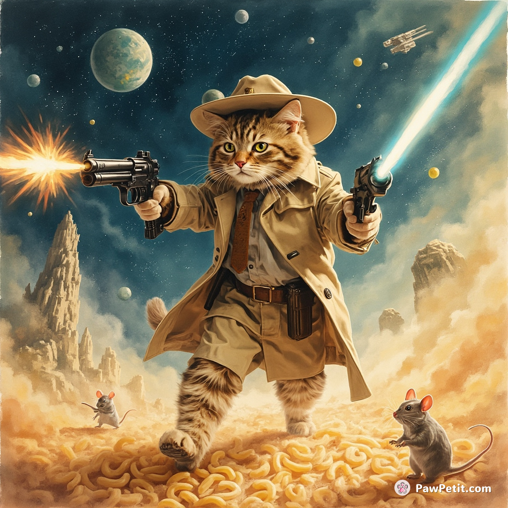 Sheriff cat in a trench coat dual-wielding laser guns, engaging in an interstellar showdown with alien mice on a macaroni-and-cheese planet.