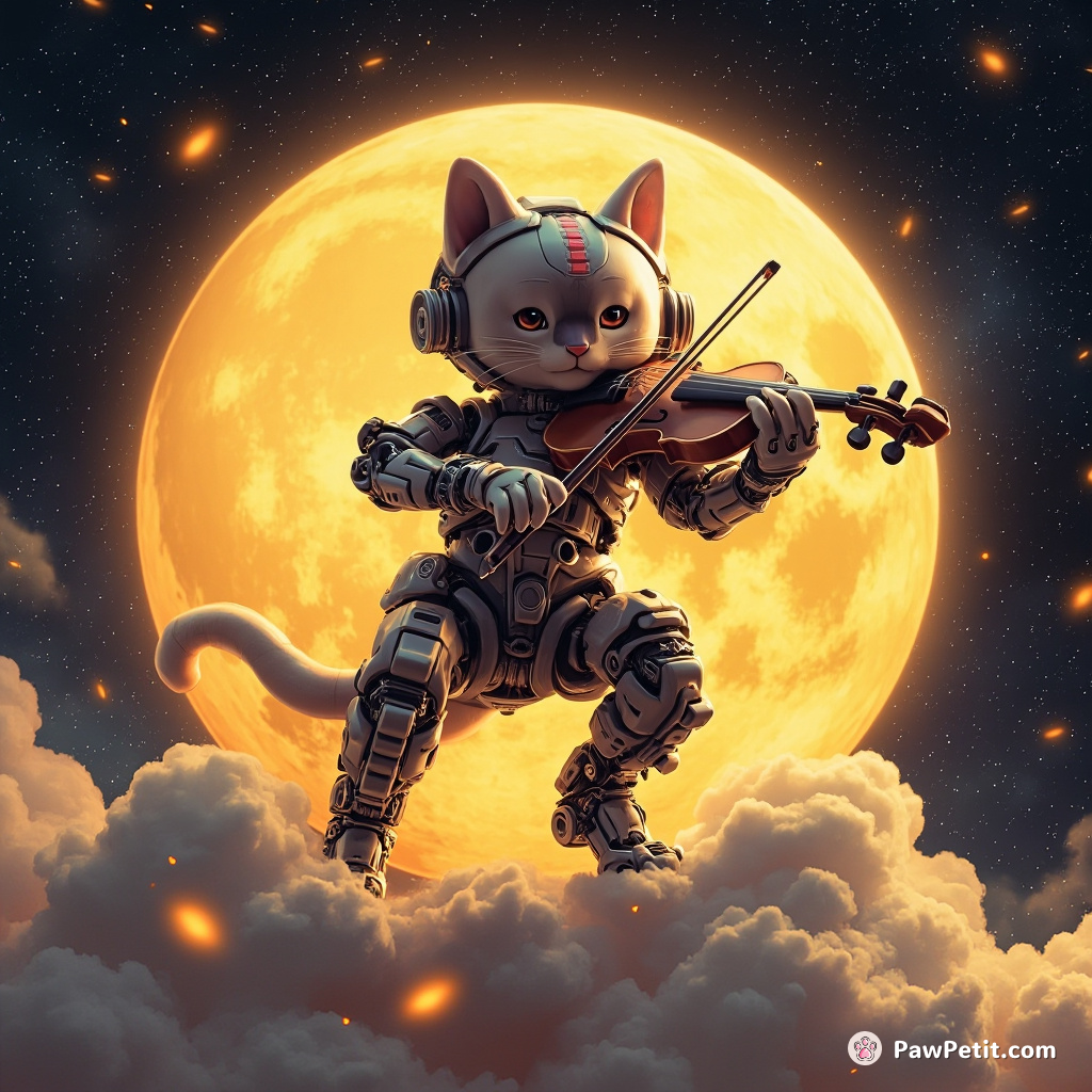A cybernetic cat playing an electric violin on top of a glowing cheese moon in zero gravity.