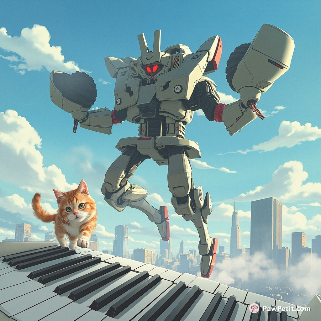 A cat leaps onto a floating keyboard, causing a colossal robot to dance erratically across the city skyline.
