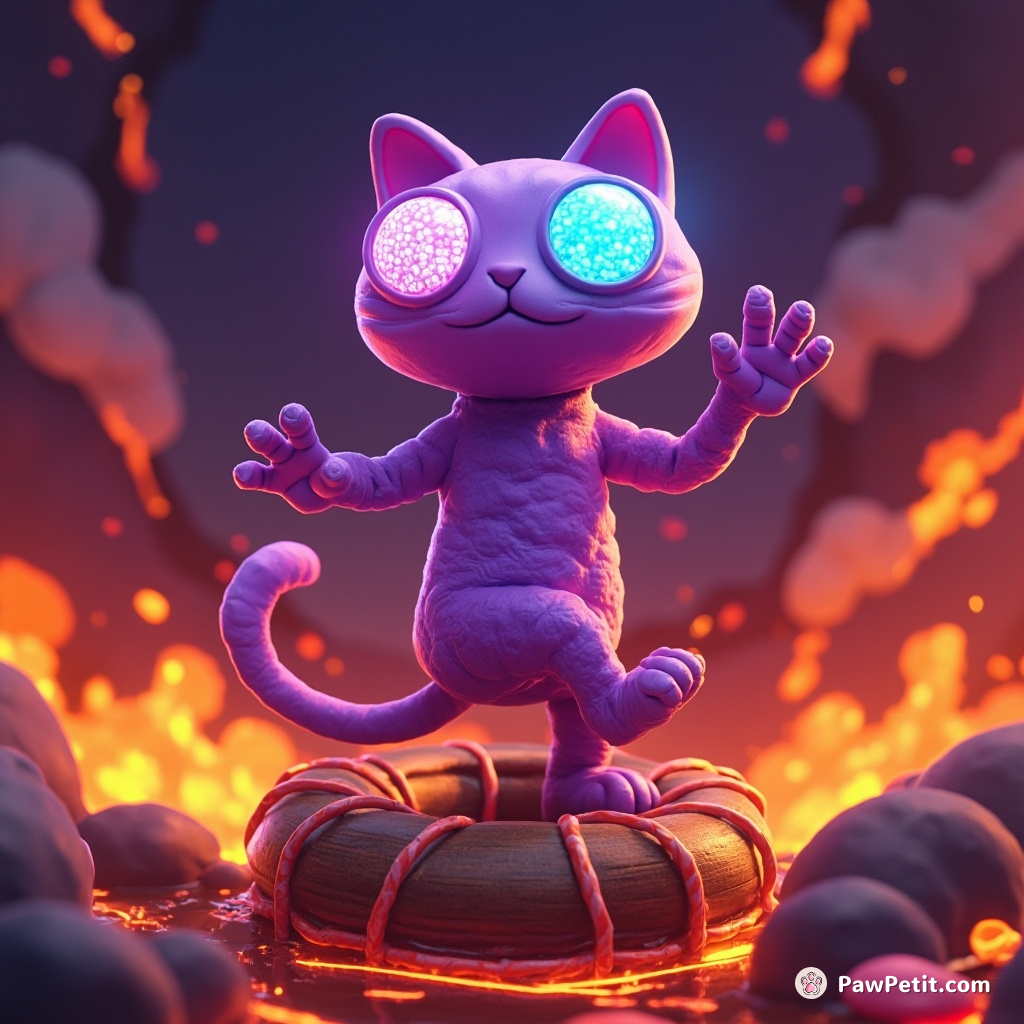 Purple alien cat with disco ball eyes breakdancing on a raft floating in lava