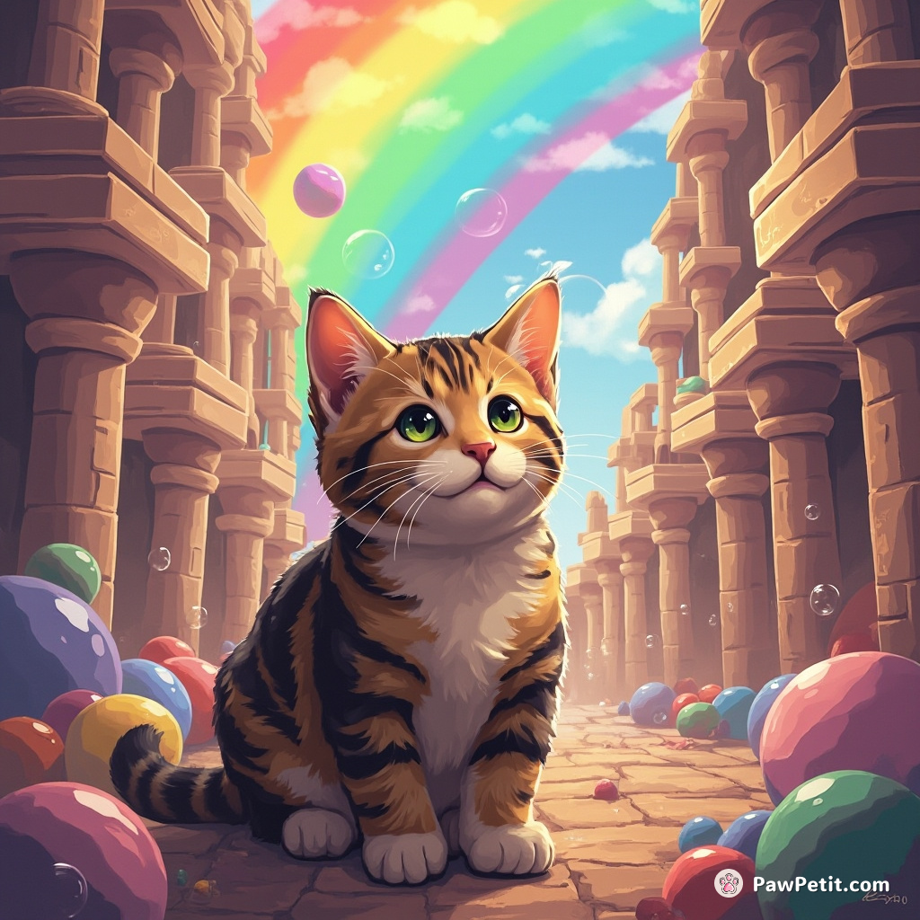 A tabby cat absorbing the colors of a surreal rainbow inside a labyrinth, shaped from old monuments, blowing soap bubbles.