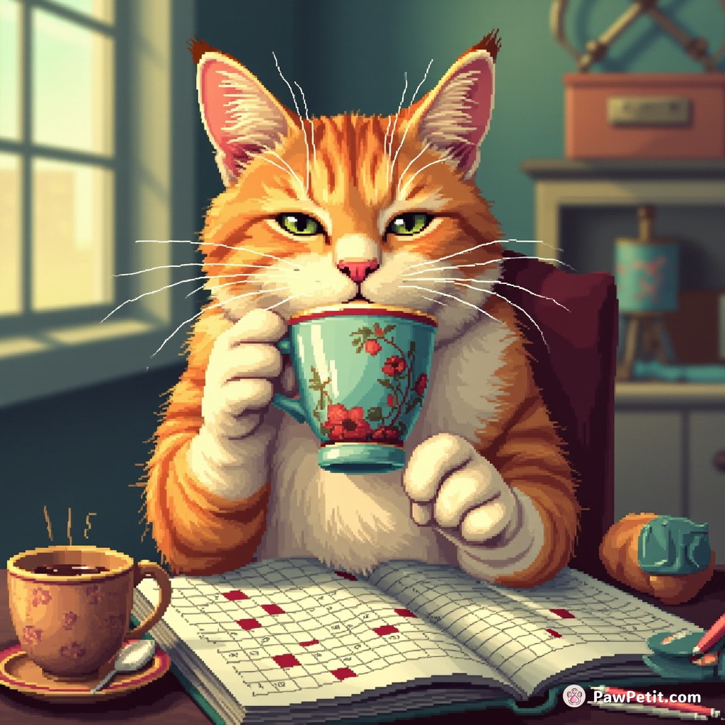 Cat elegantly sips morning tea, pinkie claw extended, yowling at crossword puzzle in wistly contemplation - honouring the 9-to-5 rut.