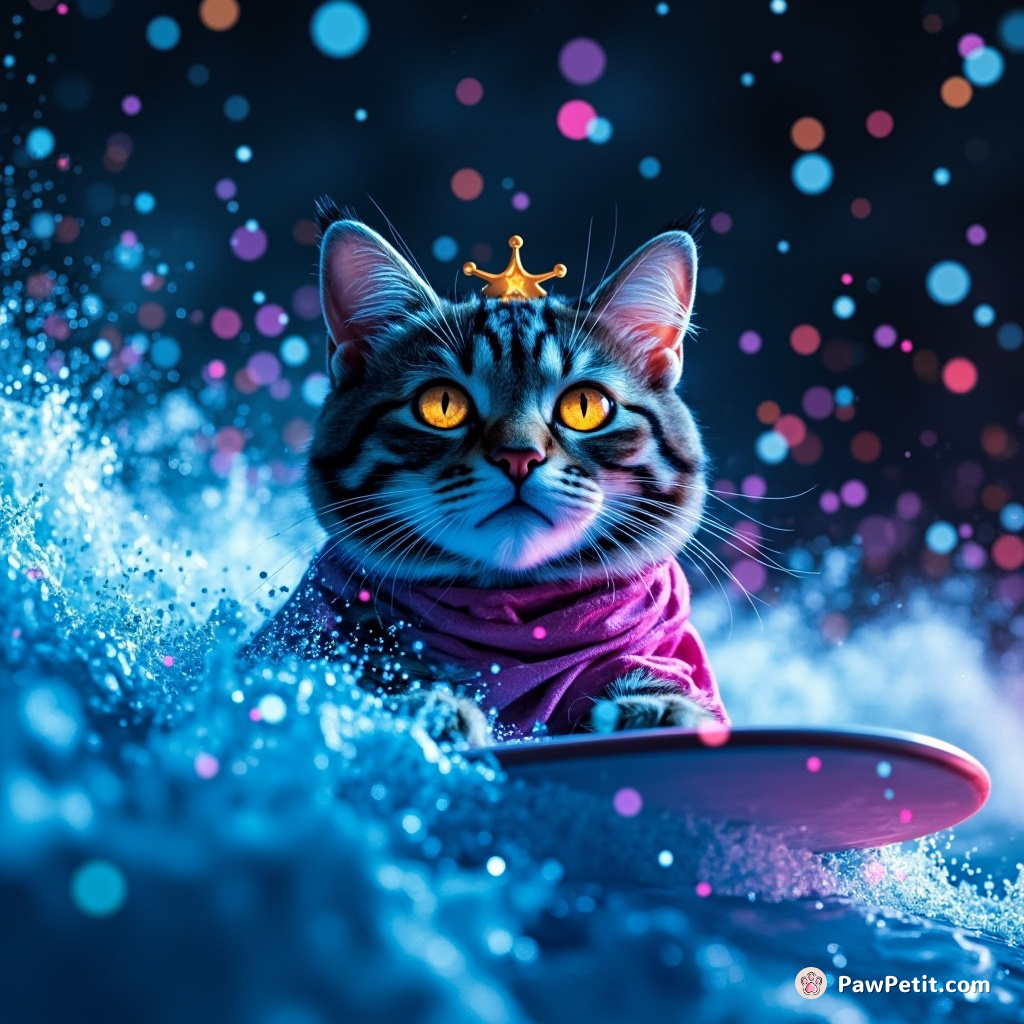A royal cat gleefully surfing on an ocean of blue mercury under a confetti rain made of supernova fragments.