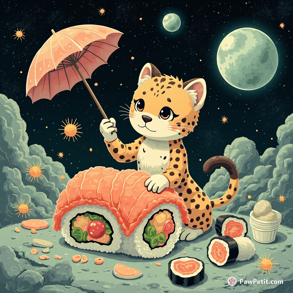 A cheetah designing a large, coral-colored sushi roll on the moon while juggling flamboyant alien umbrellas.