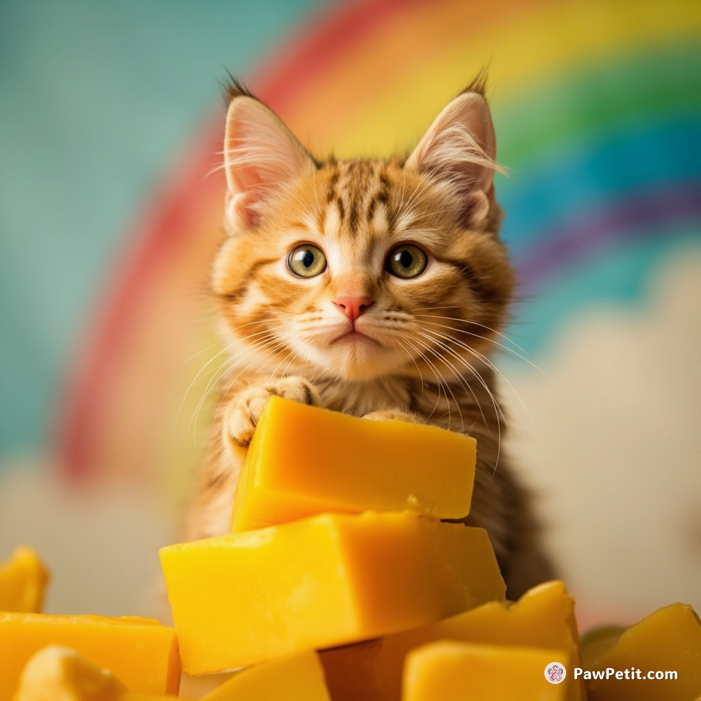 A mustard-yellow cat pyramiding a stack of multicolored cheddar cheeses under an upside-down rainbow