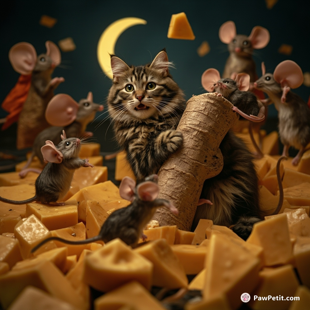 A cat harmonizing with an ensemble of flamenco dancing mice amidst floating cheese wedges under a crescent moon.