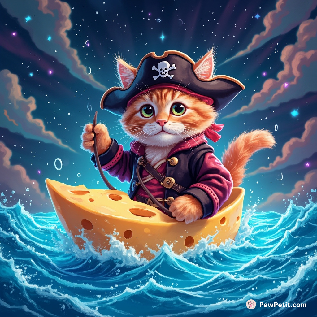 A pirate cat with neon fur sailing a cheese ship on a sea of crystal blue soda.