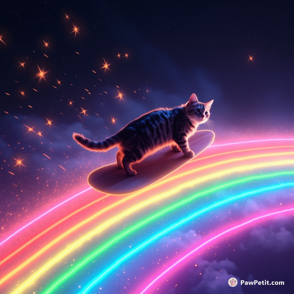 A neon tabby cat surfing on a glittering rainbow, chased by waves of shooting stars.