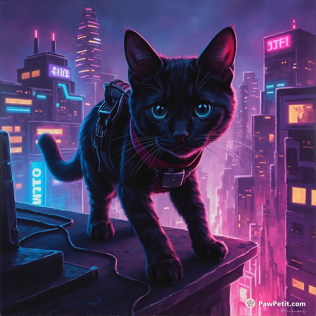 In the neon-lit twilight, Stealth a rogue-cat maneuvers roofing, delivering covert messages between networked revolutionaries in Atlas City.