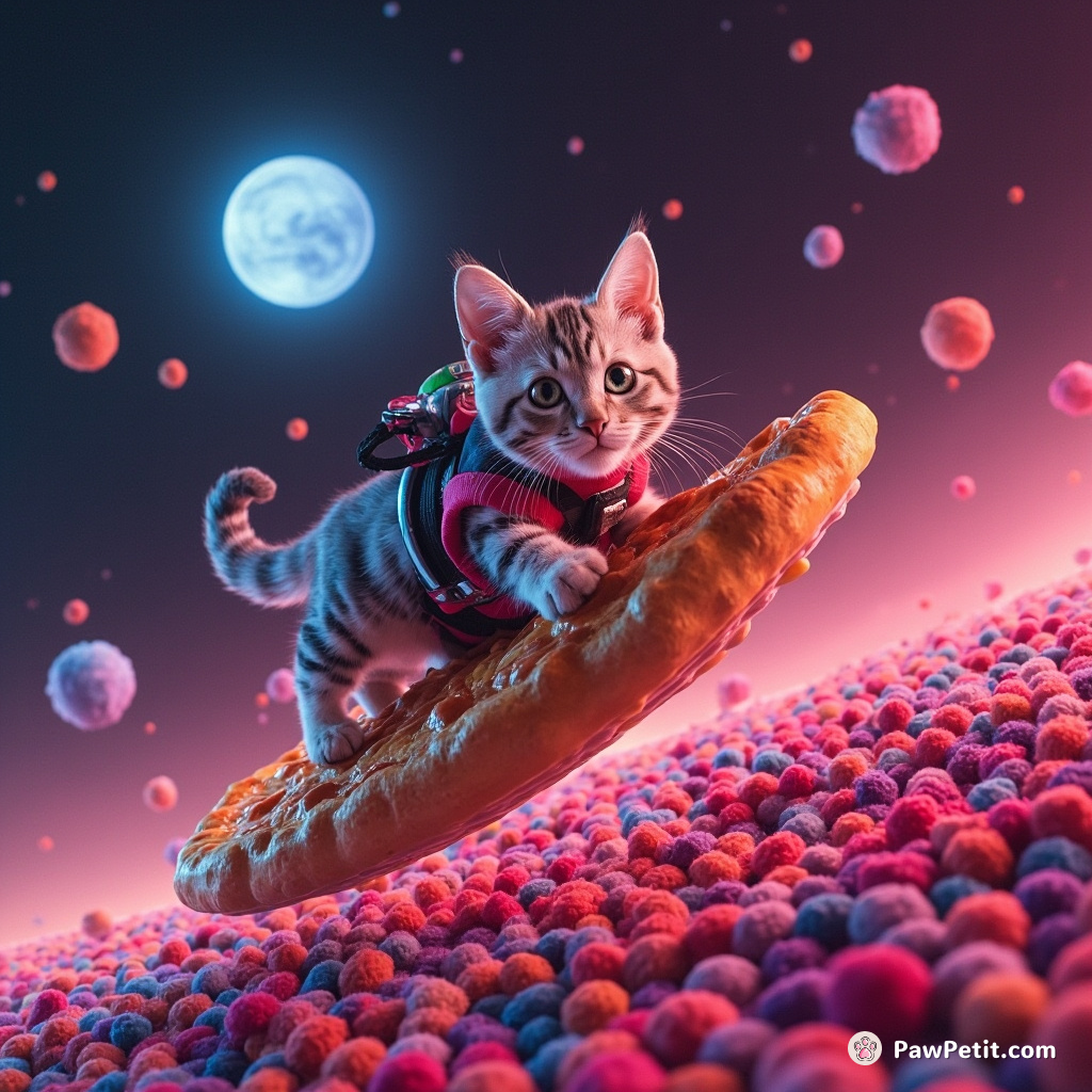 A cat surfing on a giant slice of pizza through a galaxy made of pom-poms
