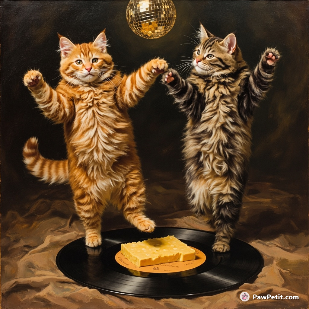 A ginger cat tap-dancing on a music record made of cheese under a disco ball spun by another cat.
