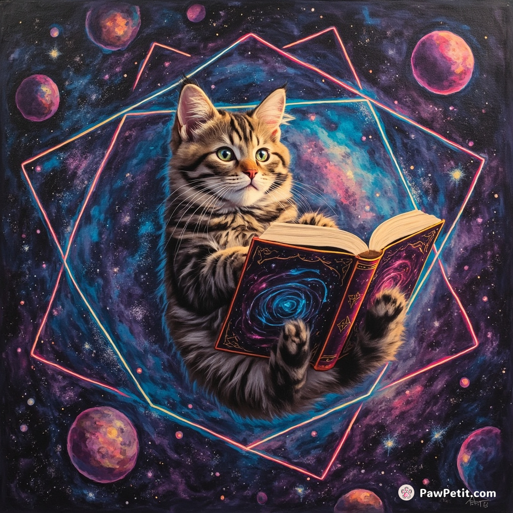 Cat reading a multilayered cosmic book while levitating in neon geometric space.