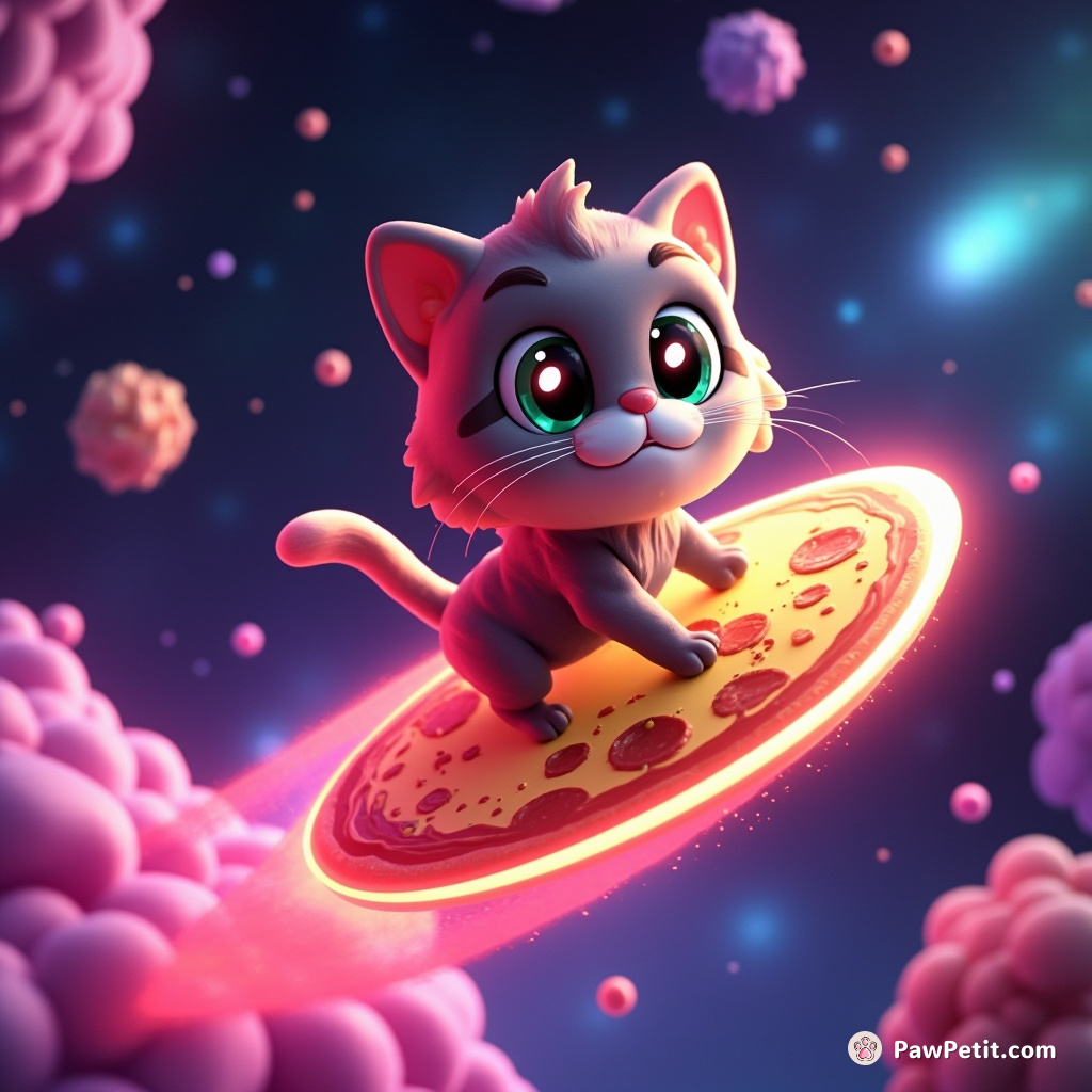 A cat surfing on a slice of flying pizza in a neon galaxy.