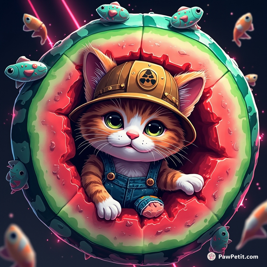 Cartoon cat tunnelling through a watermelon, wearing overalls and a miner's hat, surrounded by tiny flying fish.