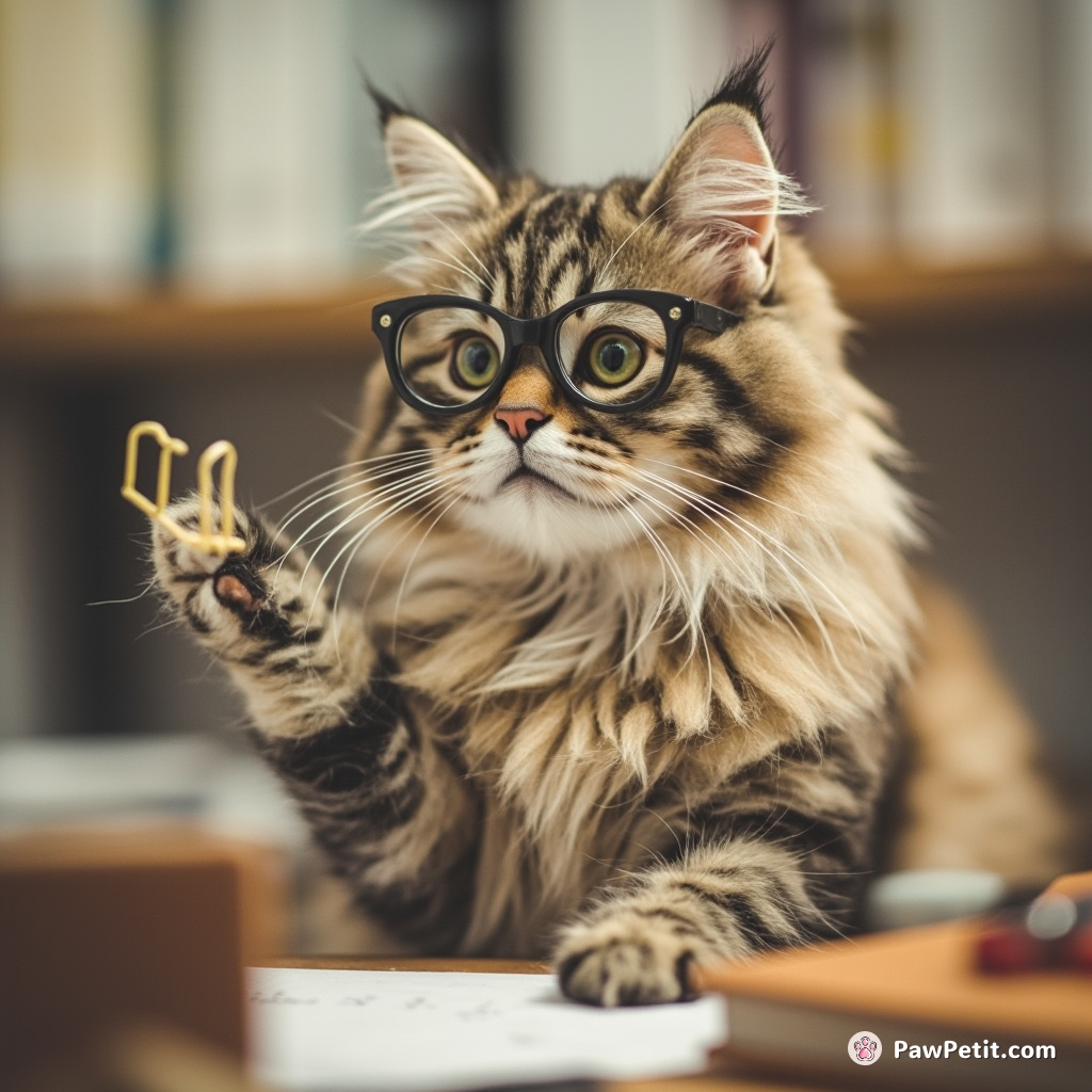 Cat dons spectacles, sits at desk, and pretends to work, occasionally batting at a dangling paperclip.