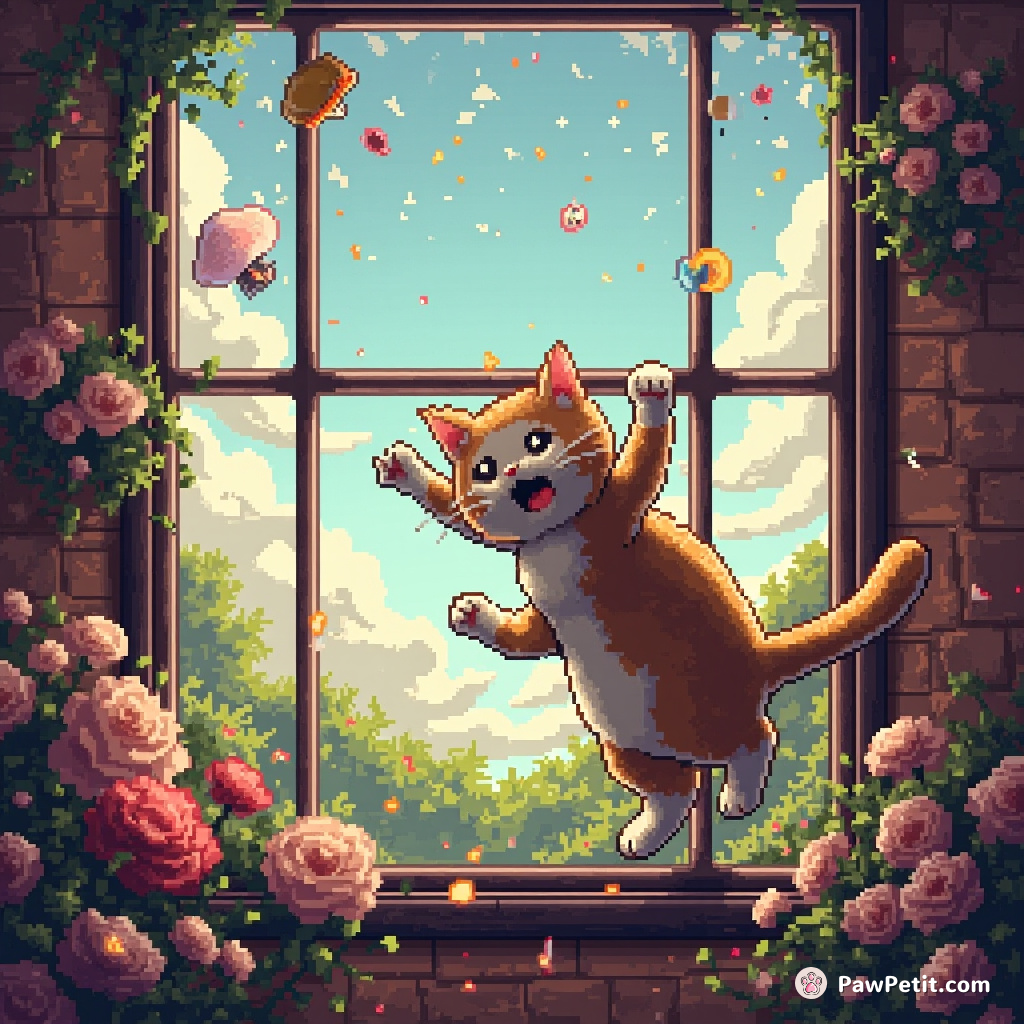 In the ensuing melee, the startled cat scrambled up the window pane, trying to escape the wedding ceremony chaos.