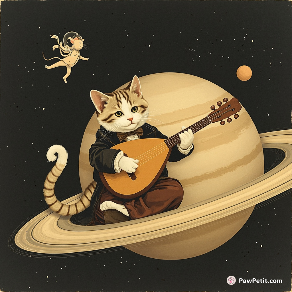 A Victorian-dressed cat playing a lute with its tail on Saturn's rings, accompanied by dancing mice astronauts.