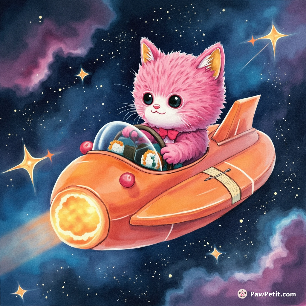 A fluorescent fuchsia cat flying a falafel shaped spaceship among glowing nebulas, controlling the interstellar vessel with sushi roll joysticks.