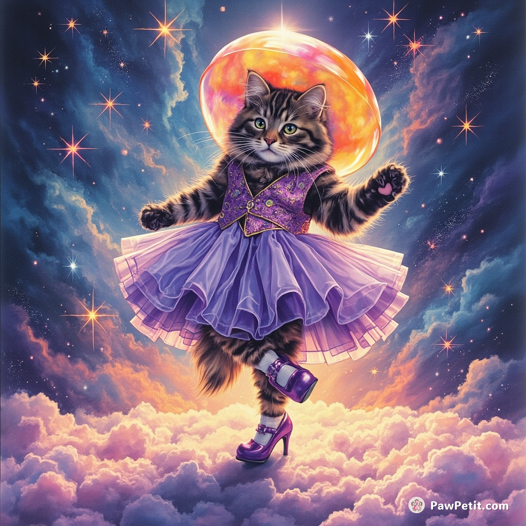 A suave cat disco dancing on a shimmering nebula, wearing purple stiletto heels and an oversized neon bubble hat.