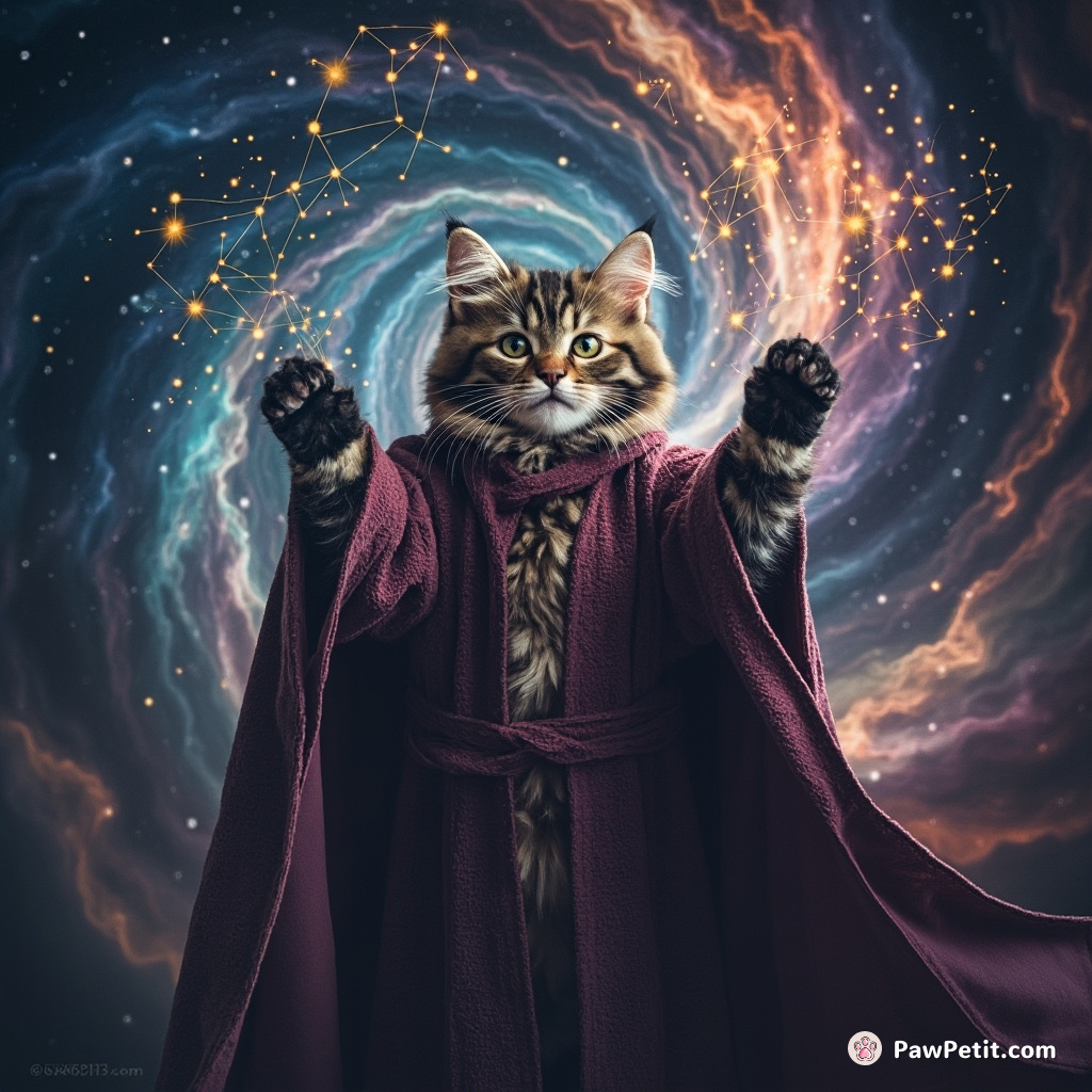 Cat wearing a flowing wizard robe tossing constellations from its paws into a swirling vortex of psychedelic galaxies.