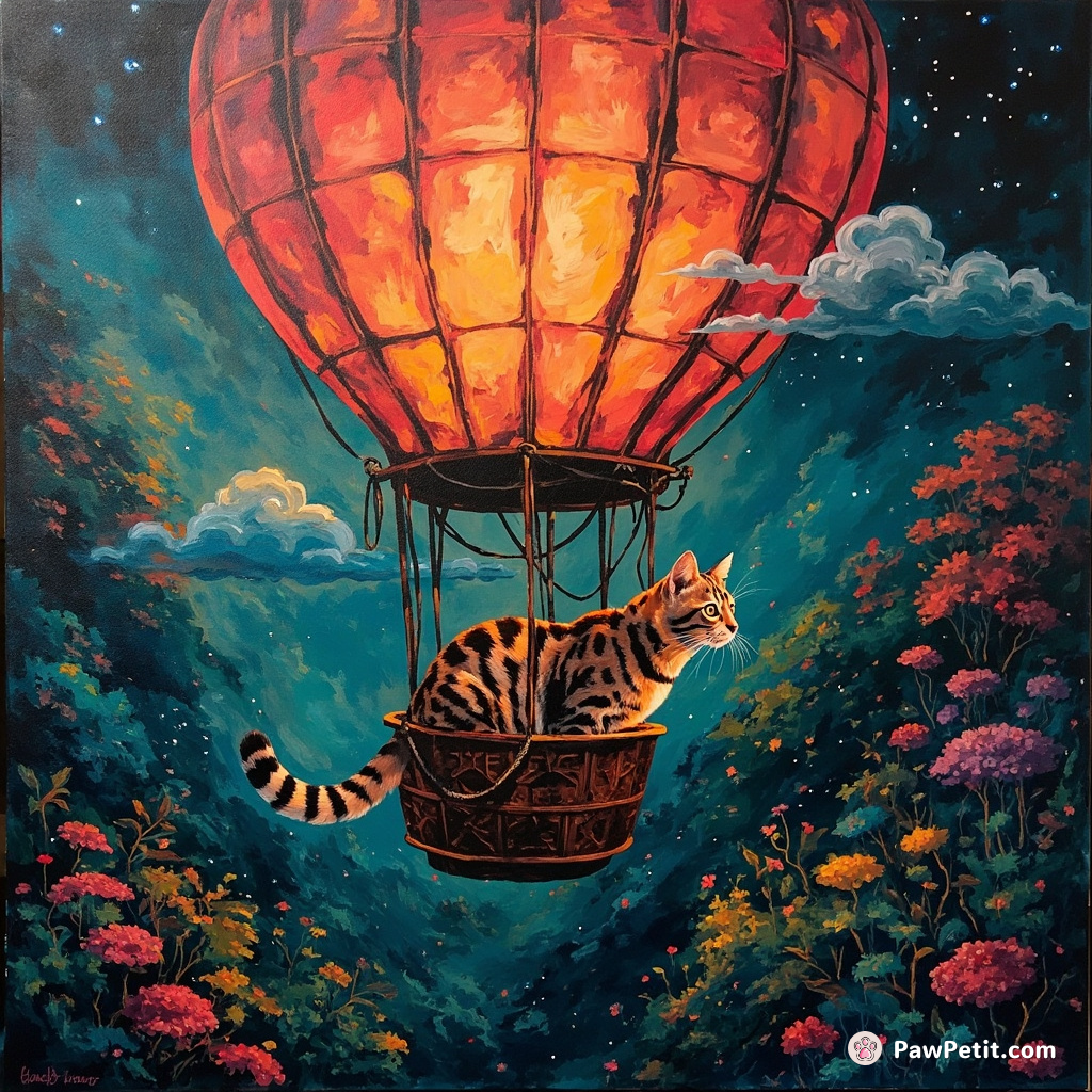 A Bengal cat painting abstract art on a canvas aboard a vintage hot air balloon over a neon-lit rainforest.