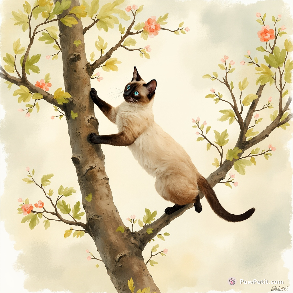 Frantically climbing tree bark, the Siamese showcased an elevated primal dance—each careful leap as invigorating as human thrill-seeking.