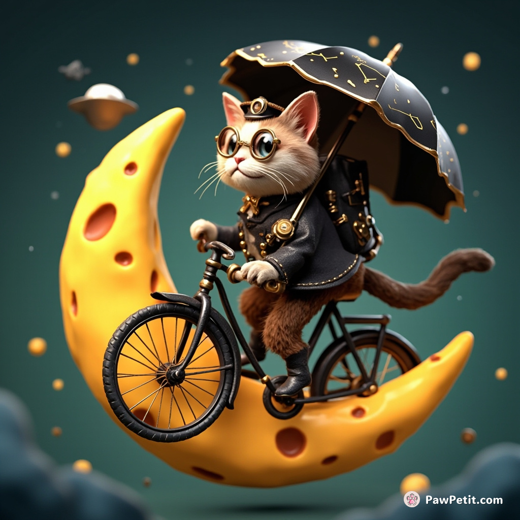 A gothic steampunk cat, riding a vintage bicycle on a cheese moon, wearing monocle and cane, carrying an umbrella festooned with star constellations.