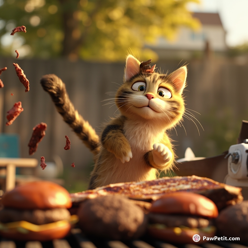 Cat audaciously hosts barbecue, flipping fish on grill, tail swaying to nearby radio, burgers mysteriously vanishing.