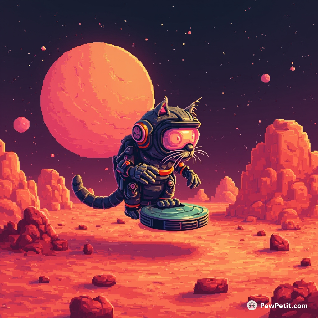 Cybernetic cat exploring Mars's crimson plains using its night vision goggles and levitating roomba.