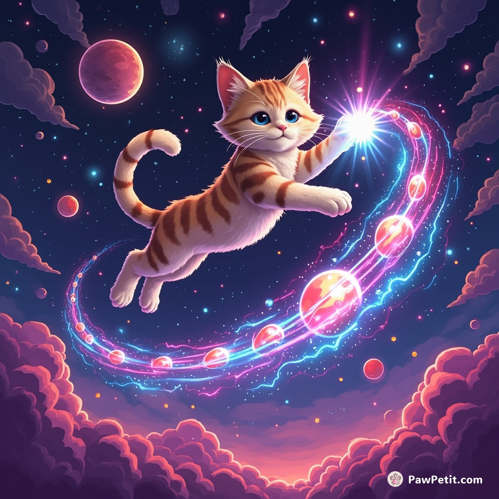 The sleek cat leaps, twisting mid-air to activate alien orbs with a swift paw-swipe, igniting a cosmic cascade.
