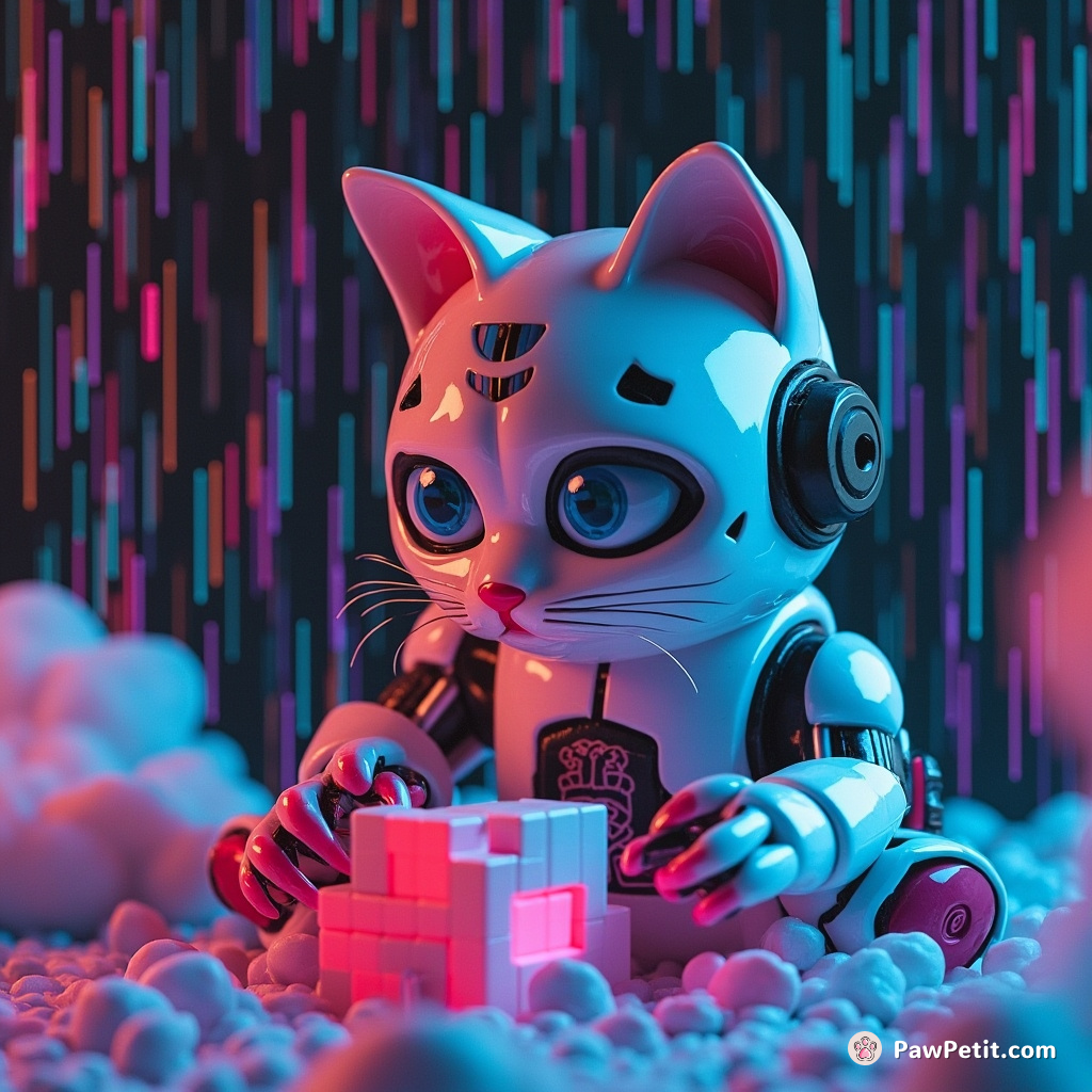 A highly intelligent robot cat solving a three-dimensional puzzle under multi-coloured rain.