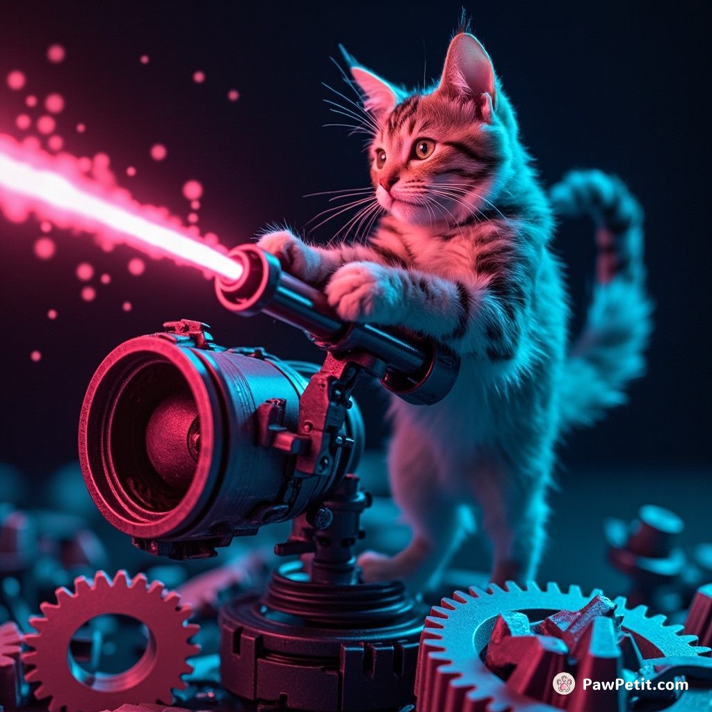 Cat acrobatically leaps through spinning gears, using tail to steer malfunctioning robot's laser cannon.