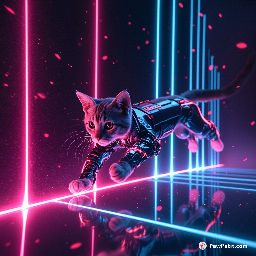 In a dazzling digital domain, the cybernetic cat leaps tirelessly, chasing optic visages of laser dots across neon-lit walls.