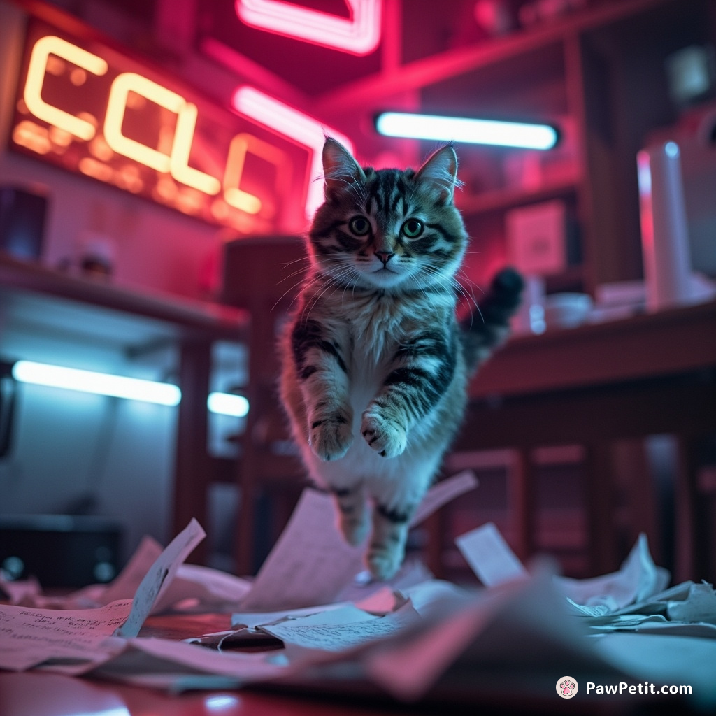 Cat darts through chaotic room, leaping onto a table, knocking over papers in the process.