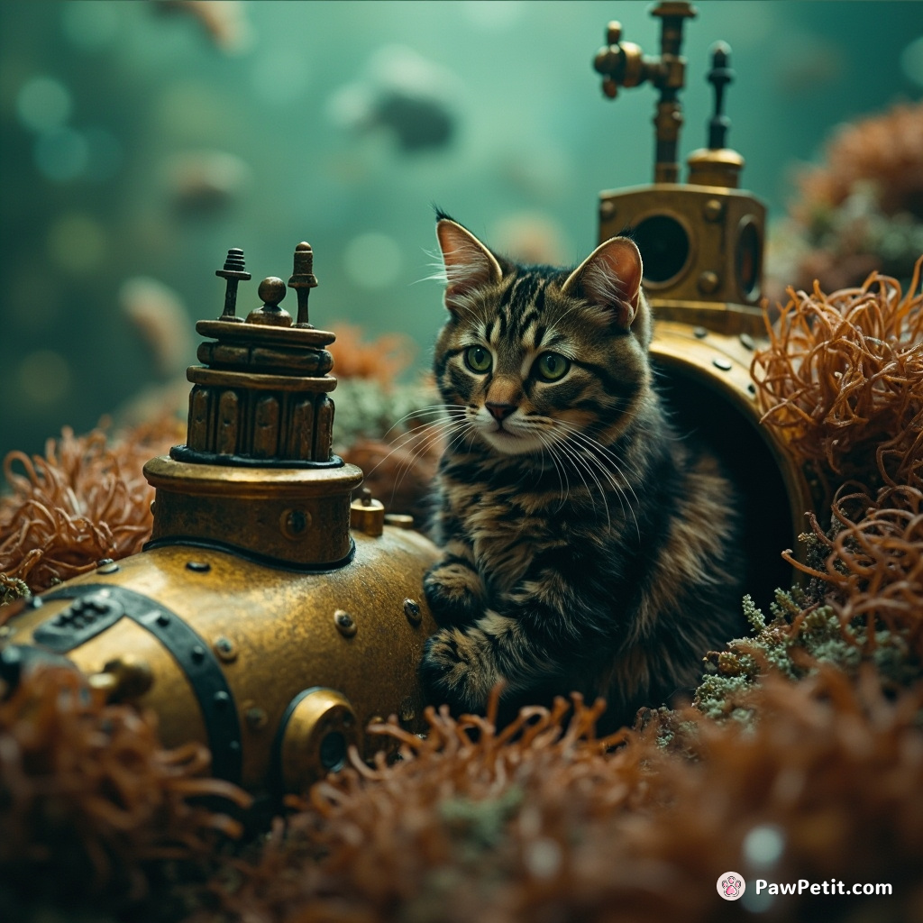 A steampunk cat adjusting dials on a bronze submarine engulfed in sea anemones.