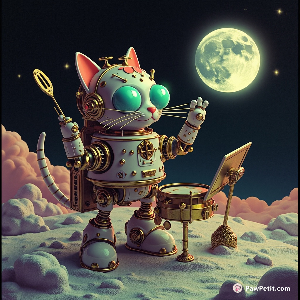 A steam-powered robot cat conducting a symphony orchestra of kitchen utensils on the moon.