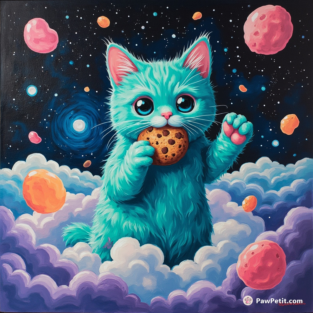 A neon turquoise cat baking cosmic cookies on a cloud over the Bermuda Triangle avoiding laughing alien jellybeans.