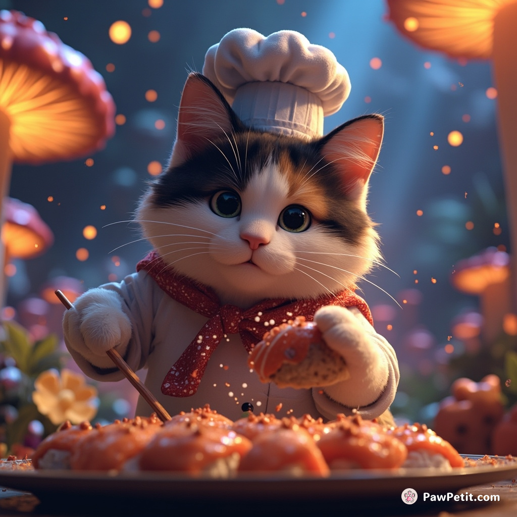 A plump calico cat chef sprinkling moondust on its cosmic sushi under a glow-in-the-dark mushroom forest.